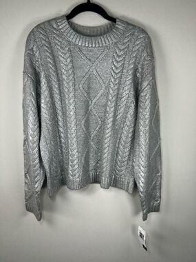 Leighton Metallic Cable Knit Crew Neck Sweater Silver Long Sleeve Holidays NEW S
